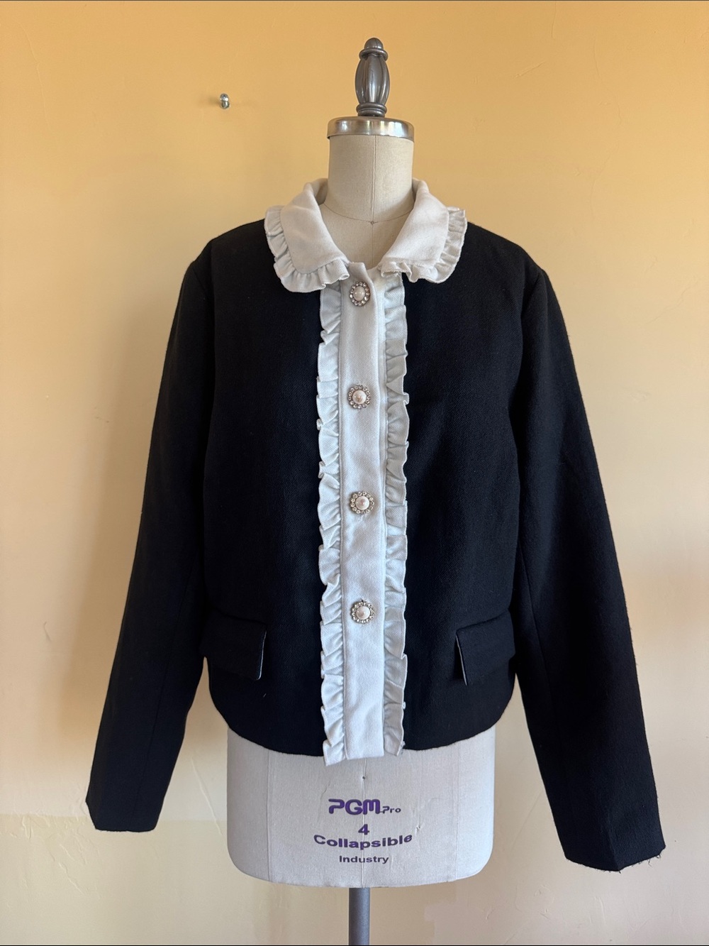 Black Ruffle-Trim Blazer with Ivory Accents